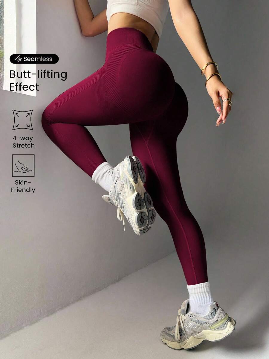 SHEIN Sports Yoga Leggings Seamless Wide Waistband Scrunch Butt Gym Leggings For Chinese New Year - Burgundy - View 1