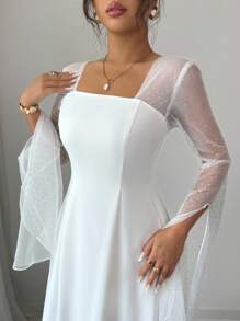 Rafferiza Elegant Summer Mesh & Sequin Splice White Dress White Dress With Sheer Sleeves - White - View 5
