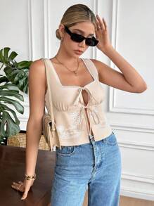 SHEIN Frenchy Women's Square Collar Lace Neckline Floral Print Tie Front Tank Top,Beige Summer Boho Brunch Holiday,French Casual Daily Wear,Business Office,Fall - Apricot - View 7