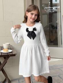SHEIN Abito a vita svasata a girocollo in maglia melange per ragazze pre-adolescenti, decorato con fiocco, stile elegante da signora, versatile per tutte le stagioni