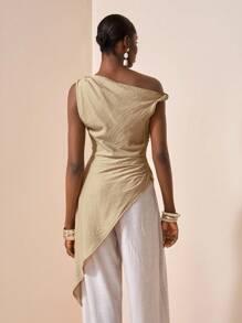 Zivah 2025 Summer New Style Birthday Party Back To School Student Wear Daily Street Basic Versatile Leisure Vacation Cruise Travel Beach Seaside Sunbathing Popular Online Style Elegant Commuting Business Casual Off-Shoulder Twist Waist Pleats Zipper Asymmetrical Hem Slit Khaki Summer Tops Women's Shirt One Shoulder Top Asymmetrical Blouse Asymmetrical Top One Sleeve Top - Khaki - View 5