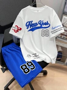 2 件套青少年男孩休闲运动套装，舒适时尚，配有图案 T 恤和松紧腰短裤，适合秋季、春季、夏季、日常穿着、户外玩耍、学校、街头、派对、家居 - 寶藍色 - 查看 5