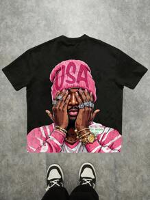 SHEIN EZwear 休闲复古风格粉色肖像图案圆领宽松短袖 T 恤，适合女士、情侣、复古、休闲、性感、可爱、Y2K、椰子女孩、波西米亚风、度假、春假、早午餐、女生旅行、霓虹海滩、波西米亚风、嬉皮士、音乐节，适合夏季