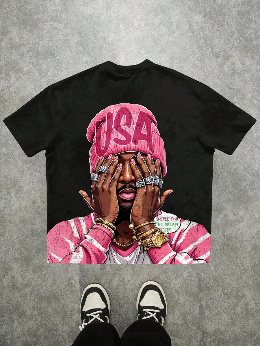 SHEIN EZwear 休闲复古风格粉色肖像图案圆领宽松短袖 T 恤，适合女士、情侣、复古、休闲、性感、可爱、Y2K、椰子女孩、波西米亚风、度假、春假、早午餐、女生旅行、霓虹海滩、波西米亚风、嬉皮士、音乐节，适合夏季