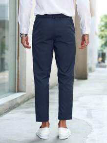 Manfinity Mode Pantalones casuales rectos y holgados de color liso para hombres con bolsillos - Azul Marino - Ver 2