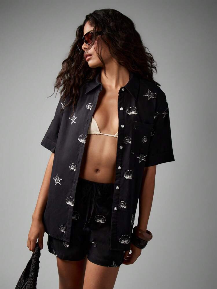 Shell Print Shirt And Shorts Set With Starfish Pattern