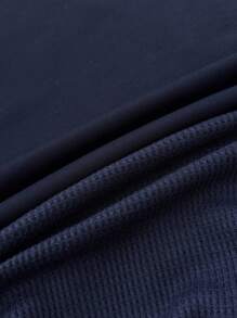 Teen Girls 2pcs Set Navy Blue Knit Retro Vintage USA Slogan Print Loose Fit Crew Neck Pullover Sweatshirt And Textured Knit Crop Shorts Tracksuit For Spring, Autumn, Winter Usa Sweatshirt Girls Sweat Outfit Clothes Set Teen Usa Clothes Sweat Set Fall