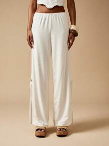 MISSGUIDED Pantalones de pierna ancha de verano con ojales, cintura con lazo, pierna dividida para uso en playa y resort, pantalones palazzo para vacaciones, con lazos laterales, estilo bohemio, informal y cómodo - Blanco - Ver 4