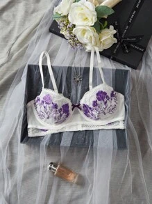 SHEIN 性感系列刺绣聚拢拼接女士文胸 - 白色 - 查看 5