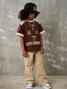 Coolane Kids Tween Boys Spring/Summer Round Neck Short Sleeve Letter Printed Casual Brown T-Shirt Parent-Child Clothing - Coffee Brown - View 3