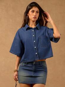 SHEIN Forever 21 Women's Solid Color Short Sleeve Denim Blouse, Fashionable For Summer - Blue - View 4