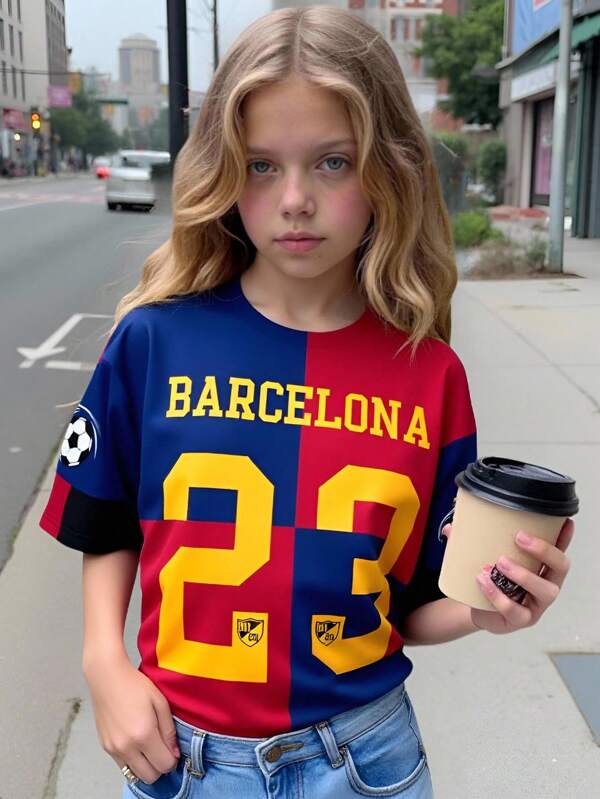 SHEIN 23, BARCELONA, STREETSTYLE, Kids' Choice Collection, Everyday Basic, Happy Kids, Pastel Colors For Kids, Bikercore, Family Trip, Happy Days, I Love Mommy, I Love Daddy, Lovely Home, Cool Kids, Tween Girl Casual Pattern Loose Fit Dropped Shoulder Short Sleeve T-Shirt, Suitable For Summer
