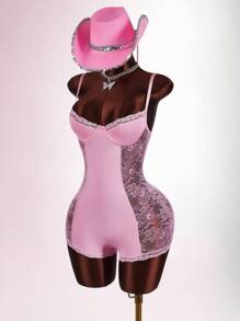 Amplova Bộ đồ liền thân ren tương phản gợi cảm ôm vừa vặn có eo xếp ly dành cho nữ - Hồng - Xem 5