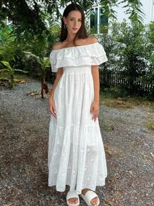 DAZY Women Open Shoulder Ruffle Hem Dress Vacation Maxi Dress - White - View 1