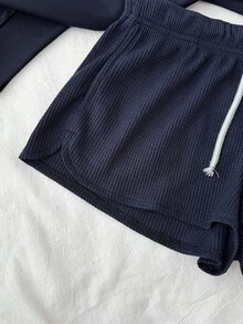 Teen Girls 2pcs Set Navy Blue Knit Retro Vintage USA Slogan Print Loose Fit Crew Neck Pullover Sweatshirt And Textured Knit Crop Shorts Tracksuit For Spring, Autumn, Winter Usa Sweatshirt Girls Sweat Outfit Clothes Set Teen Usa Clothes Sweat Set Fall