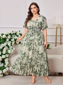 Modelyn 大码女式时尚优雅印花束腰喇叭裙 - 綠色 - 查看 3