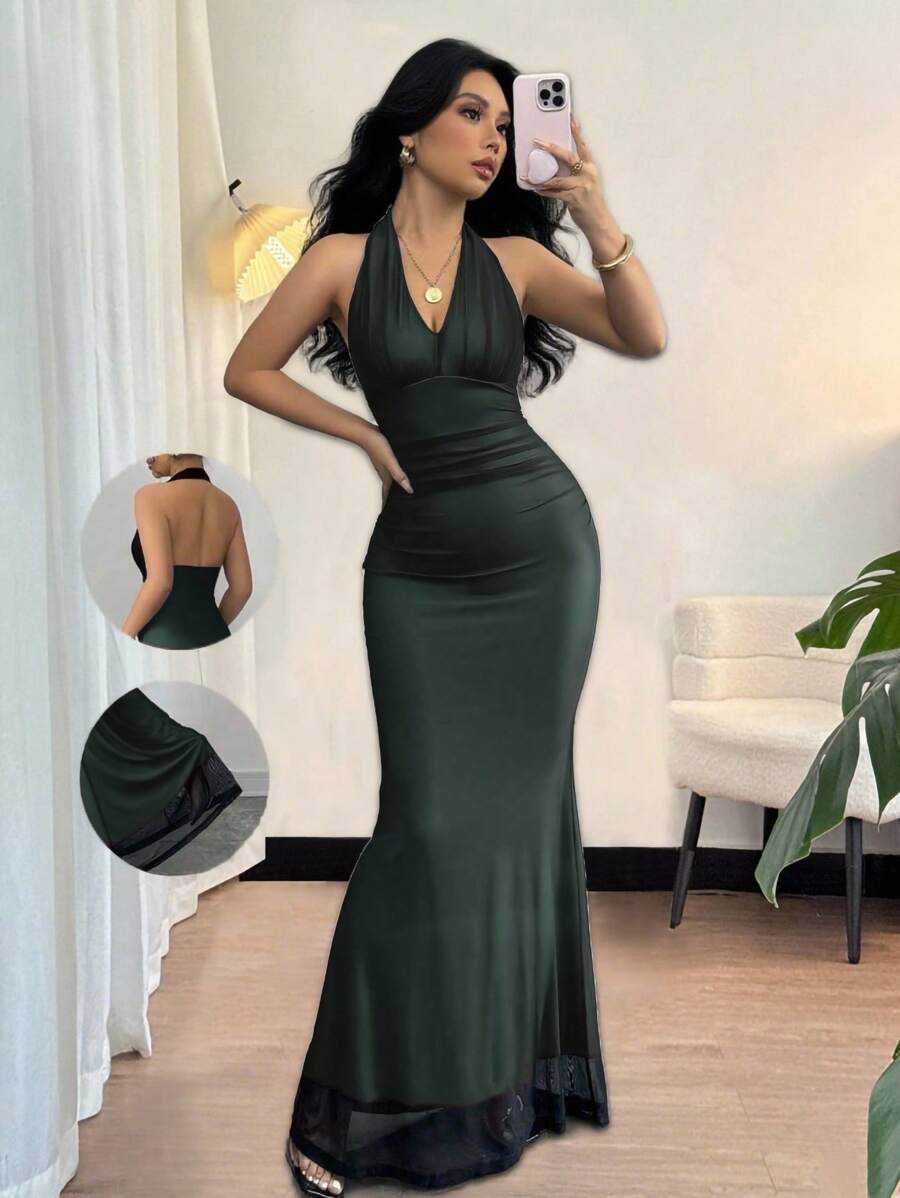 Chiquease 优雅修身鱼尾下摆 V 领腰部褶皱针织网眼连衣裙，玫瑰色衬里，女款，秋冬 - 薄荷綠 - 查看 1