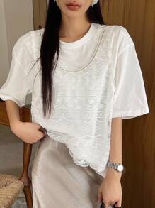 DAZY 宽松蕾丝拼布亮片无袖夏季女士T恤，休闲简约 - 白色 - 查看 7