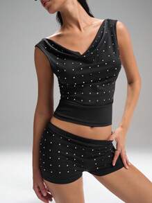 LYSMO Women's Fashion Rhinestone Decor Asymmetric Collar Top, Minimalist Chic,Grunge And Punk Chic, Y2K Clothes, Edgy Clothes Woman And Unique Clothes 2025 New Arrival - Black - View 4