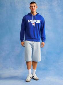 PEPSI X SHEIN 男士休闲日常字母图案口袋抽绳连帽衫，秋季 - 藍色 - 查看 4
