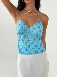 Siren Gaze Women's Elegant Blue Sequin Embellished Embroidery Halter Backless Crop Top,Streetwear Old Money Style Tank Top,Summer,Blues,Seksi Chic,Party Night - Mint Blue - View 3