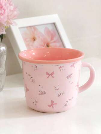 Kawaii 1 pieza Taza de café de cerámica de color, taza de agua doméstica simple, compatible con lavavajillas y microondas, taza con diseño de lazo y gato, estilo kawaii, adecuada para restaurante u hogar, decoración del hogar