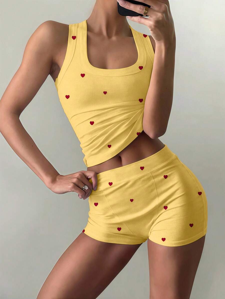 Jouncy 2pcs Casual Fitted Heart-Shaped Square Neck Tank Top And Shorts Set - Yellow - View 1