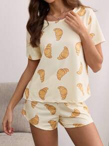 SHEIN Bộ 2 quần short tay ngắn in họa tiết bánh sừng bò hoạt hình dễ thương cho bé gái - Màu be - Xem 5