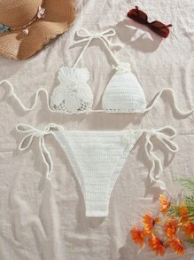 SHEIN Bộ bikini thắt nút hở lưng màu trơn cho nữ - trắng - Xem 1