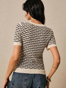 Poéselle Áo len dệt kim tay ngắn sọc thường ngày mùa hè cho nữ - màu đen - Xem 4