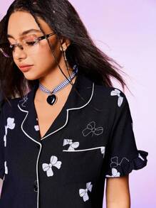 SHEIN 女式休闲前扣蝴蝶印花短袖睡袍，夏季 - 黑色 - 查看 4