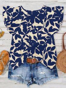 SHEIN Tall Women's Casual Vacation Orange Base Leaf Floral Print Round Neck Flutter Sleeve Cap Sleeve Blouse, Spring/Summer - Navy Blue - View 2