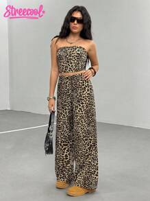 Teen GirlCasual All-Match Everyday Home Leopard Print Crop Top + Loose Pants Woven Tank Top Set