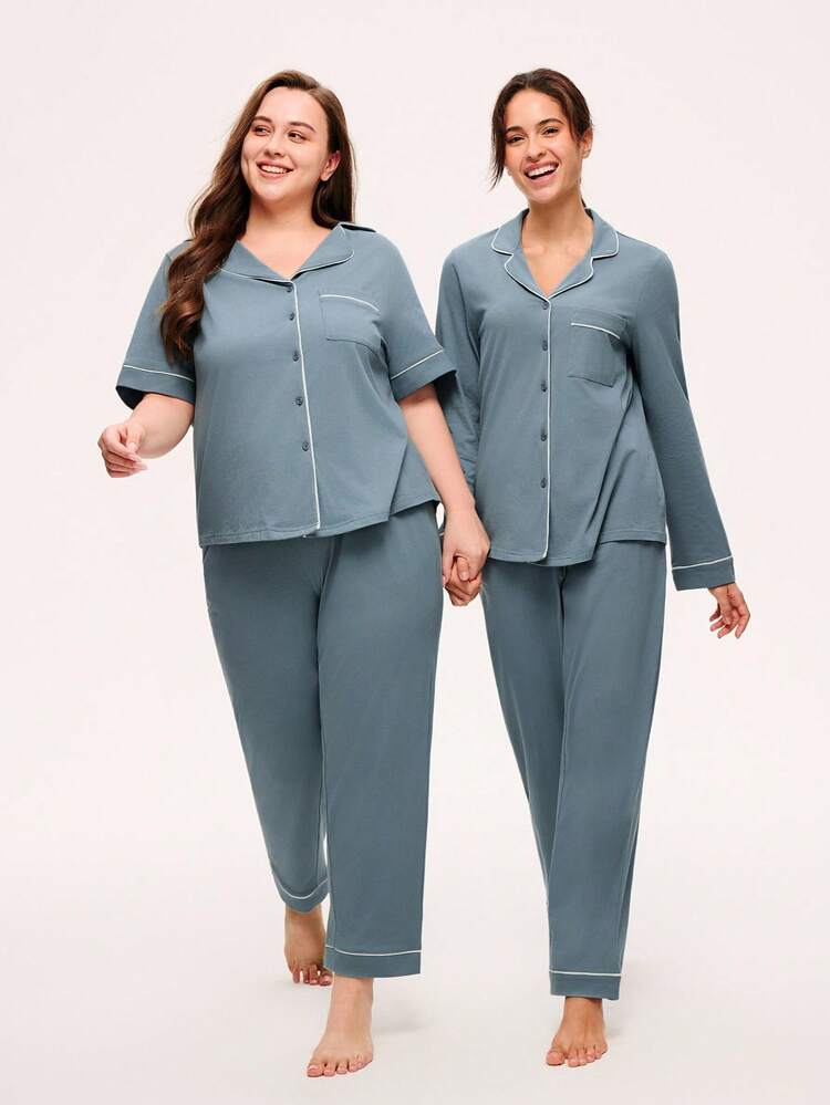Summer Women's Plus-Size Blue Soft 100% Pure Cotton Contrast Trim Short-Sleeve Basic Button-Up Top & Pants Women Loungewear Airy Pajama Set Pants With Pockets Lingerie Cozy At Home Cotton Pajamas