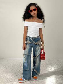 Coolane Kids 青少年女孩夏季纯色露肩修身短款上衣T恤 - 白色 - 查看 7