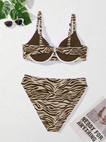 SHEIN Swim Curve Summer Beach Plus Size Zebra Print V-Neck Bikini Set
