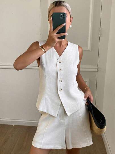 Livesso 2pcs Women Solid Color Fitted Waist V-Neck Vest Jacket And Straight Shorts Casual Suit, Autumn