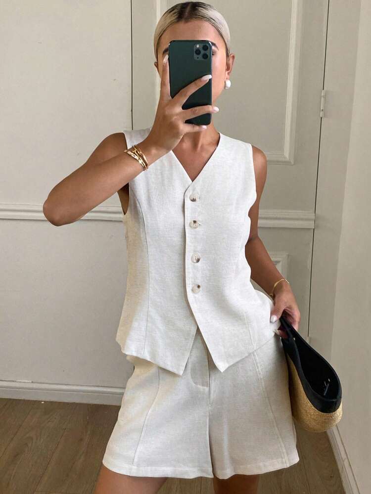 2pcs Women Solid Color Fitted Waist V-Neck Vest Jacket And Straight Shorts Casual Suit, Autumn