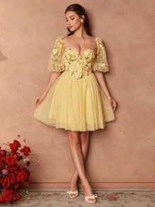 SHEIN Unity Women's Square Neck Puff Sleeve Embroidered Floral Short Dress, Spring/Summer - Yellow - View 4