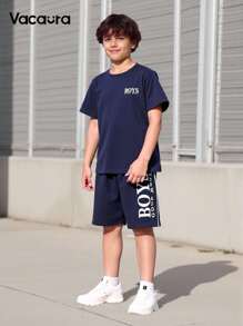 SHEIN Tween Boy Letter Graphic Tee & Contrast Piping Shorts