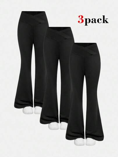 3pcs/Set Tween Girls Fitted Casual Minimalist Comfortable Flared Leggings Set, Black Fall Winter