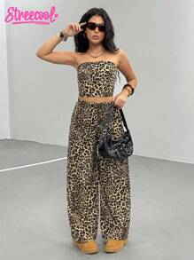 Teen GirlCasual All-Match Everyday Home Leopard Print Crop Top + Loose Pants Woven Tank Top Set