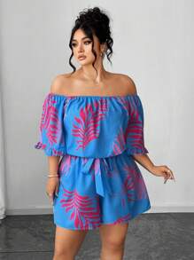 Elenzga Plus Size Women's Tropical Floral Print Ruffled Off Shoulder Jumpsuit - Multicolor - View 3