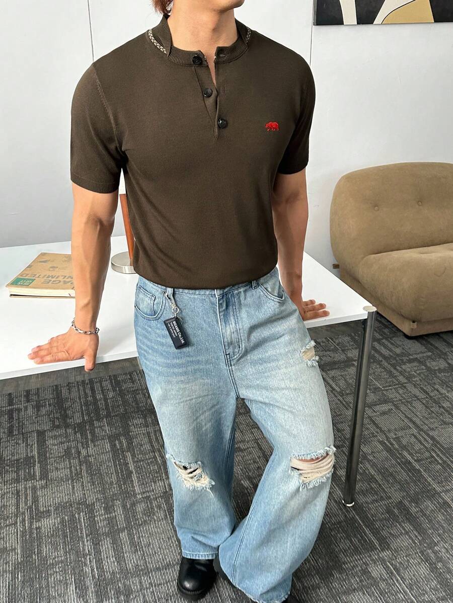 Manfinity BRENVOR 男士夏季休闲时尚纽扣式 Polo 衫 - 咖啡棕 - 查看 1