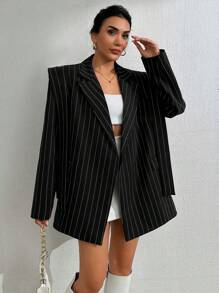 EURMUSE Women's Navy Striped Casual Blazer Jacket - Black - View 5
