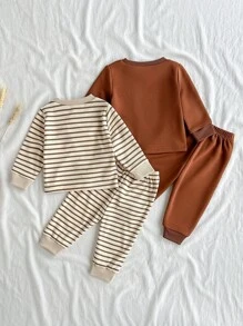 SHEIN Baby Boy 4-Piece Casual Set:Striped Crew Neck Long Sleeve Top & Loose Pants,Shades Of Brown,Autumn,Modest,Family Matching,Solid Ribbed Cuff Outfits - Multicolor - View 2