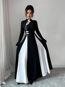 Rafferiza Vestido de manga larga con botones y contraste de color elegante para mujer