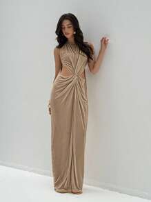 Aloruh Váy suông bodycon xẻ tà không tay - Màu Khaki - Xem 6