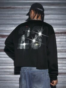 AXEPEAK 男士数字图案圆领插肩长袖休闲套头衫，适合秋冬 - 黑色 - 查看 7