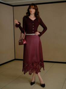 MOTF PREMIUM CONTRAST LACE PU LEATHER SKIRT - Burgundy - View 1